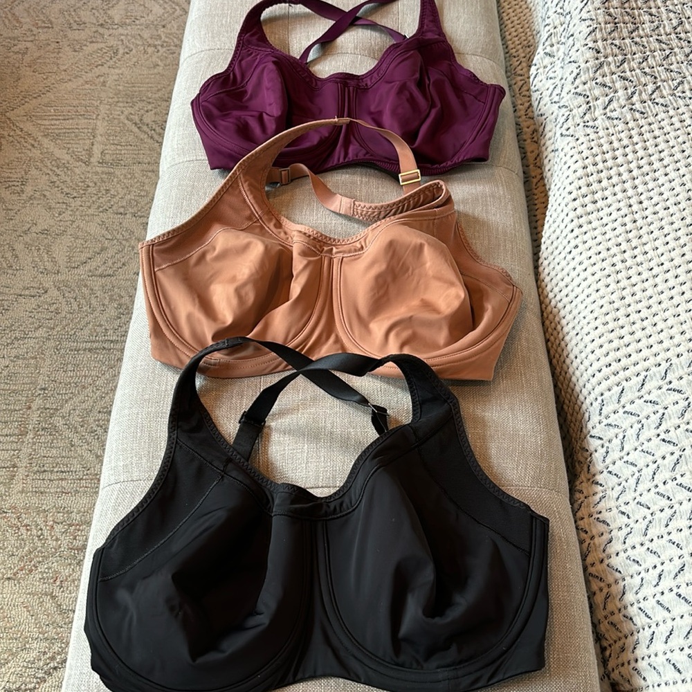 Athleta, Glory 2.0 Sports Bras, black, tan and raspberry, 36DD